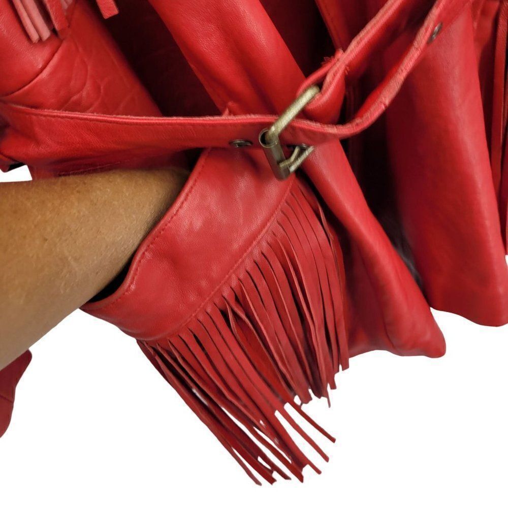 Vintage Leather Fringed Jacket Coat L Red Oversized Belted Rodeo Cowgirl Boho - Picture 6 of 16